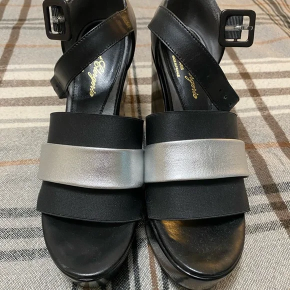 Robert Clergerie Black and Silver Wedge Sandals - Picture 15 of 16